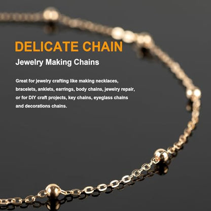 KYUNHOO 32.8 Feet Beaded Jewelry Chain Roll Light Gold Plated Cable Chain Links Soldered Iron Chain on Spool Necklace Making Supplies Thin Chain for Women DIY Craft Jewelry Finding - color: Bead Gold