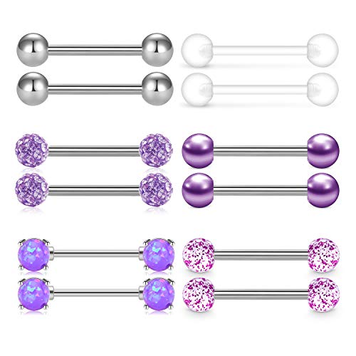 QWALIT Tongue Rings Nipple Rings 14G Nipplerings Straight Barbell Surgical Steel Nipple Piercing Bar Nipple Bars for Women Tongue Bar 16mm 14mm - color: A2: bar - Purple