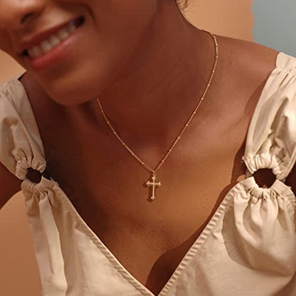 Fettero Cross Necklace for Women Faith Pendant 14K Plated Dainty Chain Necklaes Minimalist Simple Tiny God Lords Prayer Religious Jewelry - style: Blank Rivet Cross