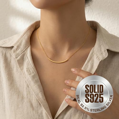SLUYNZ Solid 925 Sterling Silver Minimalist Bar Choker Necklace for Women Teens Curved Tube Bar Pendant Necklace - color: B-18K Gold Plated