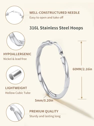 FindChic Twisted Hoop Earrings for Women, Silver/Black/14K Gold Plated Hypoallergenic Hollow Tube Rounded Loop Earrings, 30mm/40mm/60mm/80mm Hoops with Custom Name Options and Gift Box - color: b.Silver, size: 60MM