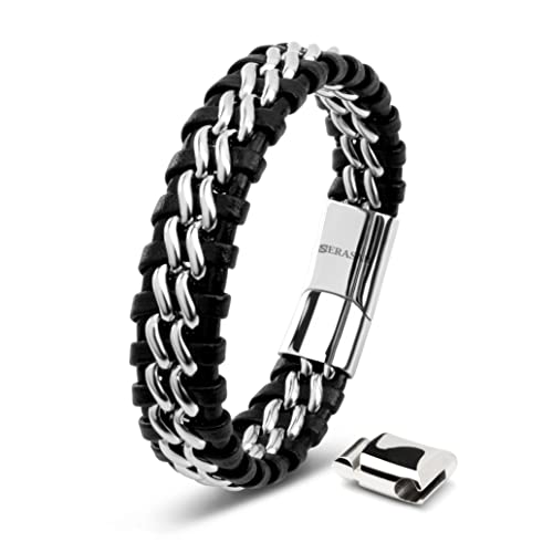 SERASAR | Premium Genuine Leather Bracelet [Steel] for Men in Black | Magnetic Stainless Steel Clasp in Black, Silver and Gold | Exclusive Jewellery Box | Great Gift Idea - color: Silver, size: 17cm