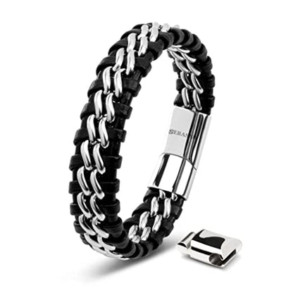 SERASAR | Premium Genuine Leather Bracelet [Steel] for Men in Black | Magnetic Stainless Steel Clasp in Black, Silver and Gold | Exclusive Jewellery Box | Great Gift Idea - color: Silver, size: 17cm