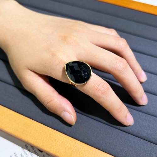 Crystal Ring for Women, Natural Rose Quartz Green Fluorite Ring for Her, Teardrop Shape Gemstone Ring, Handmade rose quartz Jewelry Adjustable Ring. - color: Obsidian