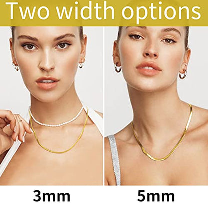 ChainsHouse Flat Snake Chain Herringbone Choker Necklace for Women, Stainless Steel/Rose Gold/18K Gold Plated Dainty Adjustable Simple Short Layered Necklaces, 12"/15"/18" with 3.5" Extender - color: a. 14k gold plated-5mm