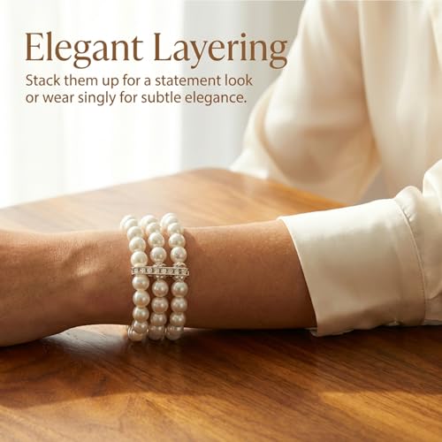 2Pcs Pearl Bracelets for Women, 1920s Vintage Pearl Stretch Bracelet 3-Rows Fake Pearls Bracelet for Women Bridal Wedding Jewelry(White)