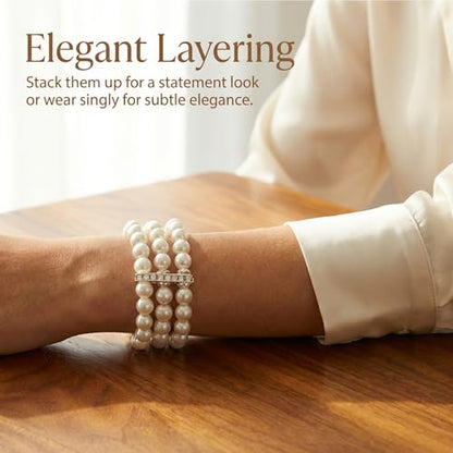 2Pcs Pearl Bracelets for Women, 1920s Vintage Pearl Stretch Bracelet 3-Rows Fake Pearls Bracelet for Women Bridal Wedding Jewelry(White)