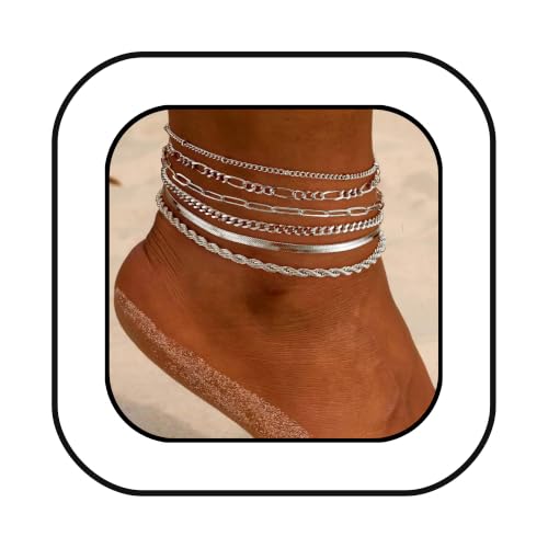 Layered Multi Chain Ankle Bracelet for Women Adjustable 8.27+1.97 Inch Foot Chain with Paperclip Rope Figaro Herringbone Cuban Links - color: Silver