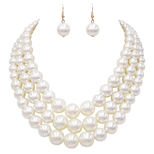 Rosemarie & Jubalee Women's 3 Colorful Multi Strands Simulated Pearl Necklace And Earrings Jewelry Gift Set, 18"+3" Extender - color: Cream Pearl Gold Tone