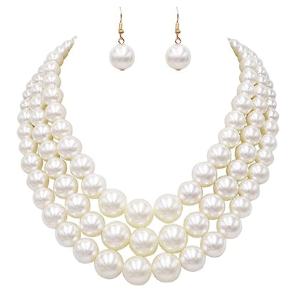 Rosemarie & Jubalee Women's 3 Colorful Multi Strands Simulated Pearl Necklace And Earrings Jewelry Gift Set, 18"+3" Extender - color: Cream Pearl Gold Tone