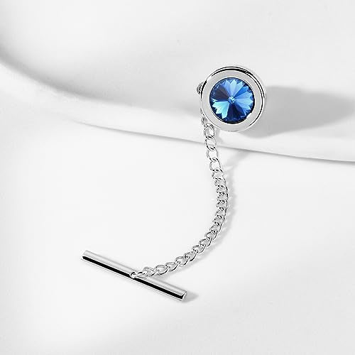 HAWSON Mens Tie Tack with Chain Round Crystal Wedding Business Accessories - color: Silver + Montana