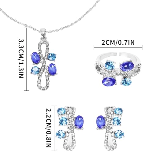 Elegant Jewelry Set Necklace for Women，Adjustable Dainty Cubic Zirconia Trendy Choker Pendant Necklace+Earrings+Ring, Mother's Day Valentine's Day Gifts Pendant Set for Women 3PCS - color: Blue silver