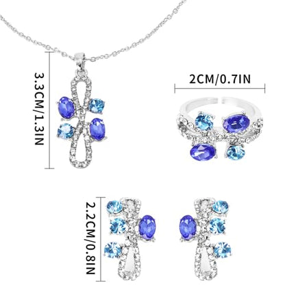 Elegant Jewelry Set Necklace for Women，Adjustable Dainty Cubic Zirconia Trendy Choker Pendant Necklace+Earrings+Ring, Mother's Day Valentine's Day Gifts Pendant Set for Women 3PCS - color: Blue silver