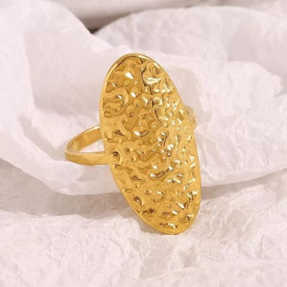 Adjustable Oval Hammered Statement Ring, 18K Gold Plated Stainless Steel Open Band, Textured Chunky Ring for Women, French Vintage Style