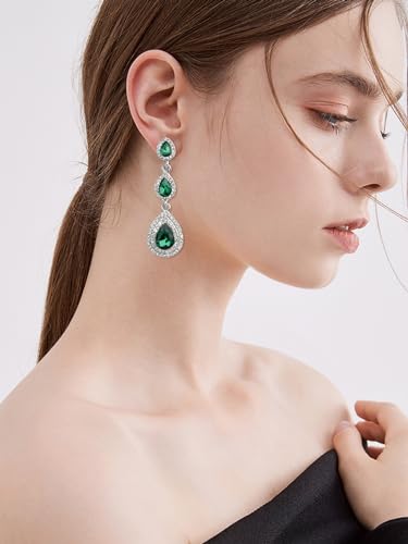 Crystal Teardrop Dangle Earrings - S925 Sterling Silver Posts Rhinestone Drop Earrings for Women Wedding Bridal Brides Bridesmaids Party Prom Pageant Fashion Costume Jewelry - style: 3 teardrop dangle earrings green silver