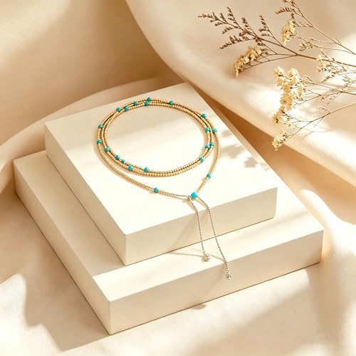 Lariat Long Beaded Necklaces for Women Trendy Y-Shaped Pendant Necklace with Turquoise Baroque Pearl Drops Layered Bohemian Beaded Necklace Fashion Statement Jewelry Gifts - color: Gold3