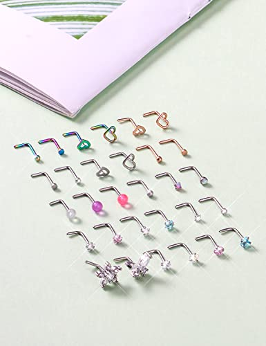 Prjndjw 20G 18G Nose Rings Studs Surgical Steel Nose Stud Glow Dark Heart Opal CZ Flower Nose Piercing Jewelry Nose Rings for Women Straight Screw L Shaped Nose Rings Hypoallergenic Nose Piercing Kit - color: 20G-L Shape nose rings