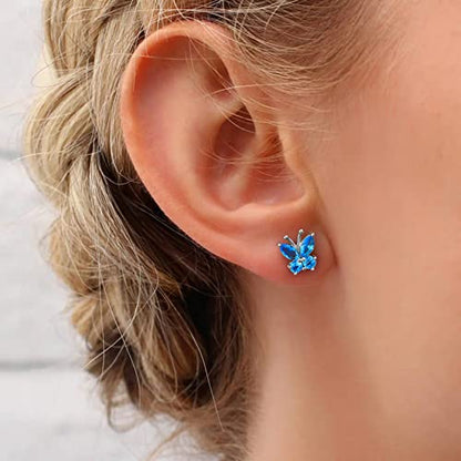 Bestyle Gold Butterfly Earrings for Women, Dainty Cute Birthstone Studs Hypoallergenic Jewelry, Great Birthday Gift - style: 12.December (Blue Topaz)-STUD