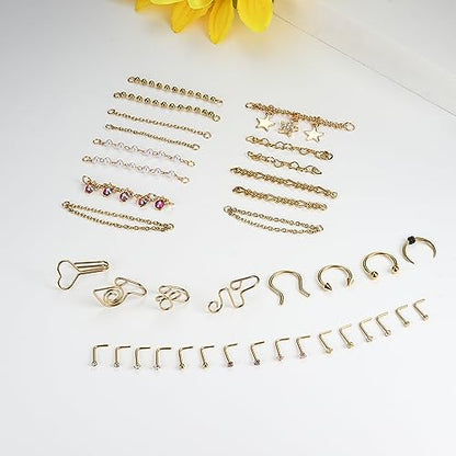 Stainless Steel Nose Rings Chain Horseshoe Nose Ring Body Piercing Jewelry | African Star Heart Studs Horseshoe Nose Cuff Septum Chain Body Piercing Jewelry Set for Women Men, Silver - color: 14K Gold Plated