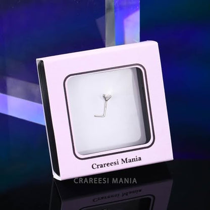 14K Real Gold Nose Studs 20G Nose Rings Studs L Shaped Nose Rings for Women Men Diamond CZ Nose Piercing - color: White Gold-Heart CLCZ