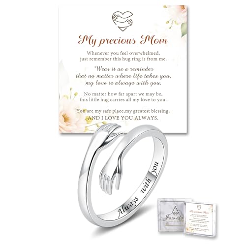 Sterling Silver Hug Ring for Women Teen Girls Adjustable Love Promise Ring Inspirational Open Rings Mothers Day Birthday Gift for Daughter Granddaughter Mom Wife Best Friend - color: Silver / Mom Gift (Always with you)