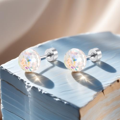 Dazzling Crystal Disco Ball Cartilage Stud Earrings for Women Mom Stainless Steel Austrian Colorful 6mm/8mm CZ Tragus Screw Flat Back Helix Tiny Studs Earring Fashion 60's 70's Jewelry Prom Party 20G - color: White,6mm