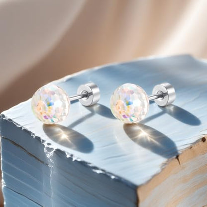 Dazzling Crystal Disco Ball Cartilage Stud Earrings for Women Mom Stainless Steel Austrian Colorful 6mm/8mm CZ Tragus Screw Flat Back Helix Tiny Studs Earring Fashion 60's 70's Jewelry Prom Party 20G - color: White,6mm