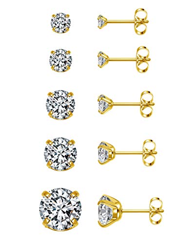 Top Plaza Stainless Steel Stud Earrings, CZ Earring Set for Women Men | Hypoallergenic Stud Earrings Round Cubic Zirconia Earrings Set of 5, 3mm-8mm Daily Studs - color: Gold