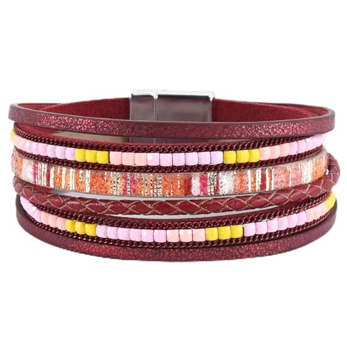 VIBILIA Boho Leather Wrap Bracelets for Women Multi-Layer Bracelets | With Strong Clasp Jewelry for Women - color: 03-BohoBraid-Red