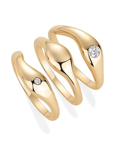 PAVOI 14K Gold Plated Chunky Stackable Rings Set for Women | Cubic Zirconia Bands Set | 3 Statement Rings Pack - color: Yellow Gold, size: 9, style: CZ
