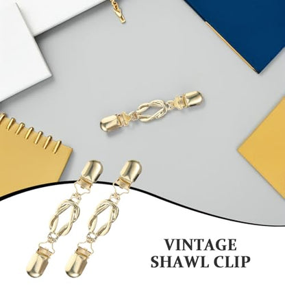 VALICLUD 2pcs Vintage Golden Alloy Cardigan Clips for Women, Elegant Shawl Clips with Chain, Wear-resistant Sweater Collar Clasps for Dresses and Shawls