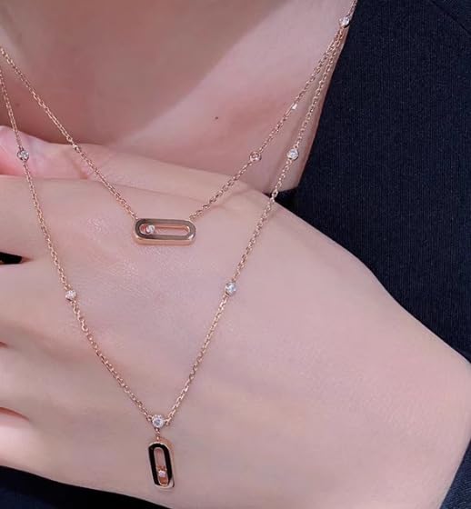 Diamond necklace for women, simple geometric single diamond double-layer, fashionable autumn and winter sweater chain, versatile clavicle - color: rose gold