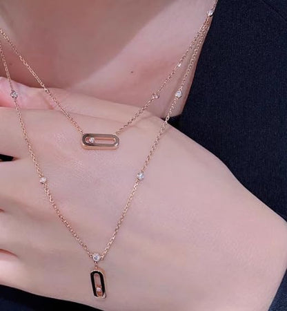 Diamond necklace for women, simple geometric single diamond double-layer, fashionable autumn and winter sweater chain, versatile clavicle - color: rose gold