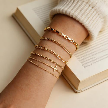 XYJZXY 18K Gold Plated Bracelets for Women, Waterproof Dainty Bracelet Stackable Set, Cuban Link Paperclip Chain Beaded Bracelet Pack, Fashion Jewelry Gift for Women