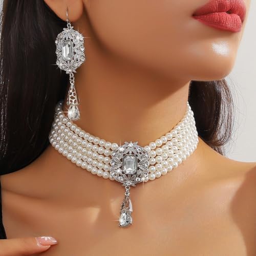 Missgrace Women Silver Black Green Red Rhinestone Crystal Tassels Bridal Necklace Earrings Sets Teardrop Necklace Dangle Earrings Set for Wedding Brides Bridesmaid - color: Silver