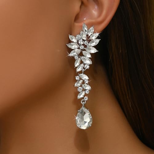 Silver Rhinestone Wedding Earrings for Women,Silver Sparkling Crystal Chandelier Earrings,Formal Cocktail Prom Teardrop Dangle Drop Statement Jewelry - color: Silver