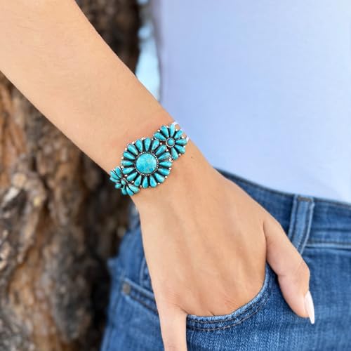 Southwest Style Genuine Gemstones 925 Sterling Silver Cluster Bracelet - color: Turquoise