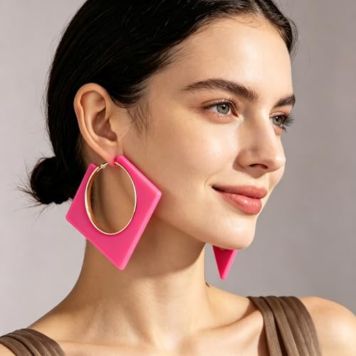 Colorful Large Hoop Earrings for Women Big Square Hollow Hoops Dangle Earrings Trendy Chunky Geometric Square Earring 80s 90s Neon Hoop Dangle Earrings - color: rose red