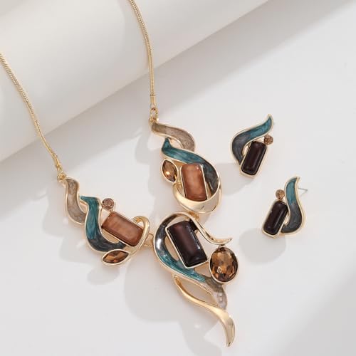 Chunky Statement Jewelry Set Vintage Retro Leaf Flower Floral Geometric Bohemian Boho Bib Necklace Earring Set Fashion Costume Jewelry for Women Girls Wedding Party Prom Unique Gift - style: Rectangle-blue