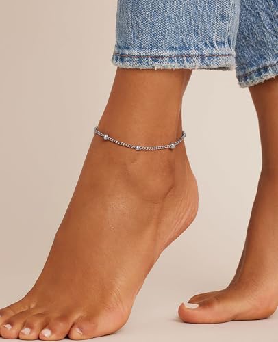 Waterproof Ankle Bracelets for Women Gold Anklets Non Tarnish Pearl/Figaro/Cuban/Snake Chain Anklet Adjustable Anklets for Womens Summer Beach Anklet Foot Jewelry for Women Gift - color: Beaded-Silver