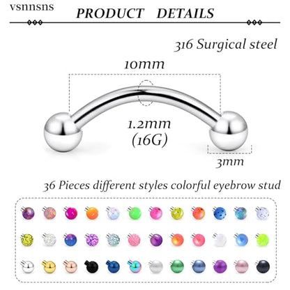 Eyebrow Piercing Jewelry 16G Stainless Surgical Steel Curved Barbell Eyebrow Ring Vertical Labret Lip Jewelry Rook Daith Earrings Piercing Jewelry for Women Men 6mm 8mm 10mm 16 Gauge - color: 10MM-Mix Color