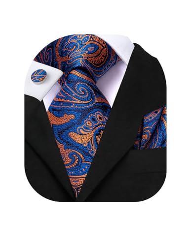 Dubulle Mens Paisley Striped Tie Woven Necktie for Men and Handkerchief Cufflinks Set Wedding Formal Business - color: Dark Blue