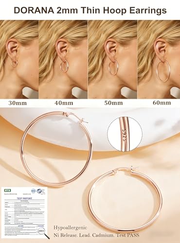 2mm Thin 14K Gold Plated Large S925 Sterling Silver Hoop Earrings for Women Hypoallergenic Big Hoop Non Tarnish Earrings Lightweight 20/30/40/50/60/70mm - color: Rose Gold-40mm