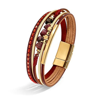 Wrapped Bracelets for Women,Leather Boho Bracelets for Women - color: Stone-Red