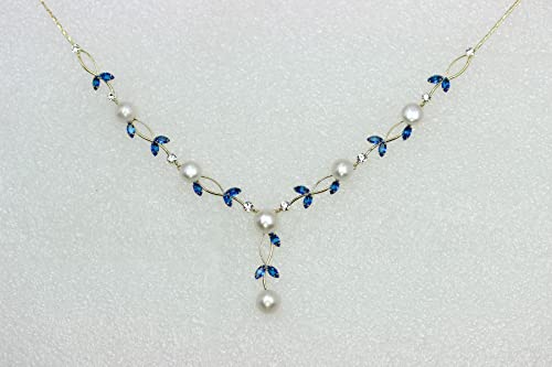 Faship Genuine Freshwater Pearls Floral Necklace Earrings Set | Premium CZ Crystal, Gorgeous, Sparkling - color: Blue / Gold Plated