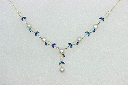 Faship Genuine Freshwater Pearls Floral Necklace Earrings Set | Premium CZ Crystal, Gorgeous, Sparkling - color: Blue / Gold Plated