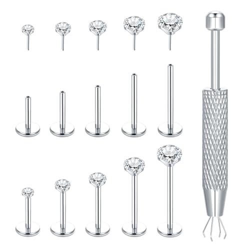 Aumeo 20G 18G 16G Threadless Push in Nose Rings Studs Surgical Steel Labret Jewelry Monroe Lip Rings Studs Medusa Ashley Piercing Jewelry for Women - color: Silver, size: 20g*6/7/8/10/12mm+grabber tool