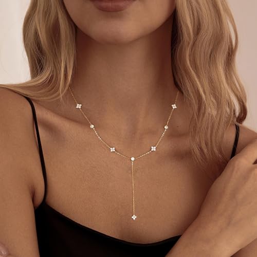 Long Gold Necklace For Women,Dainty Lariat Y Necklace 14K Gold Plated Cute Cubic Zirconia Lariat Necklaces Trendy Simple Statement Rhinestone Choker Necklaces Summer Jewelry - color: Gold-style 1