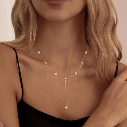 Long Gold Necklace For Women,Dainty Lariat Y Necklace 14K Gold Plated Cute Cubic Zirconia Lariat Necklaces Trendy Simple Statement Rhinestone Choker Necklaces Summer Jewelry - color: Gold-style 1