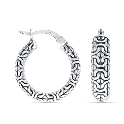 LeCalla Byzantine Earrings for Women | 925 Sterling Silver Byzantine Earrings | Antique Oxidized Click-Top Round Thick Hoop Earrings for Women - style: Bali-Style Filigree